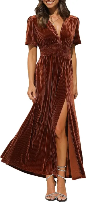 Sissyaki Women's Retro V-Neck Velvet Maxi Dress Wedding Guest Formal Party Long Dresses