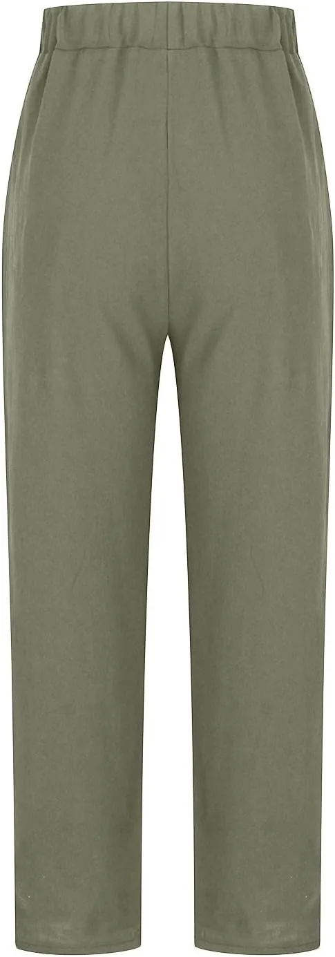 SMIDOW Womens Cotton Linen High Waist Pants Plus Size Casual Elastic Straight Leg Cropped Pant Trousers with Pockets