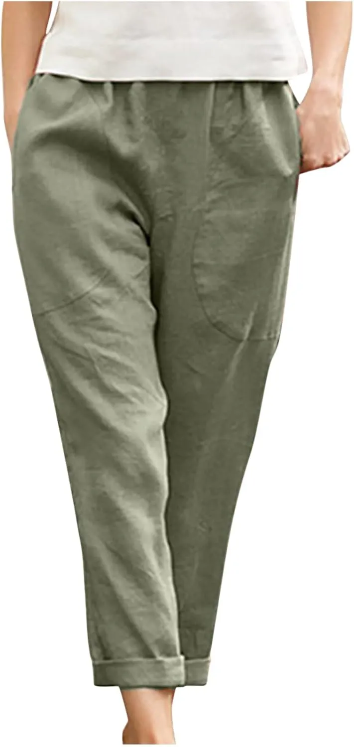 SMIDOW Womens Cotton Linen High Waist Pants Plus Size Casual Elastic Straight Leg Cropped Pant Trousers with Pockets