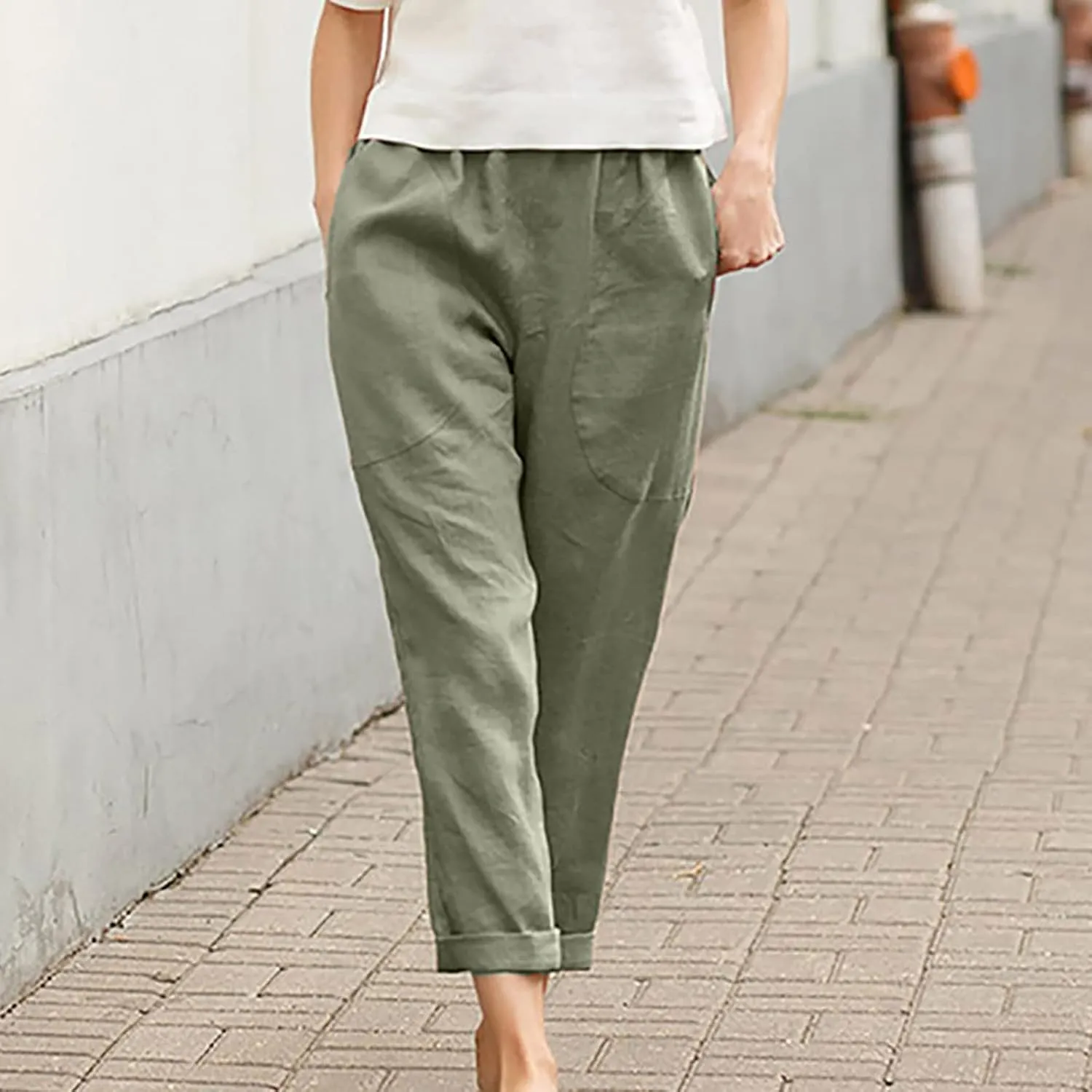 SMIDOW Womens Cotton Linen High Waist Pants Plus Size Casual Elastic Straight Leg Cropped Pant Trousers with Pockets