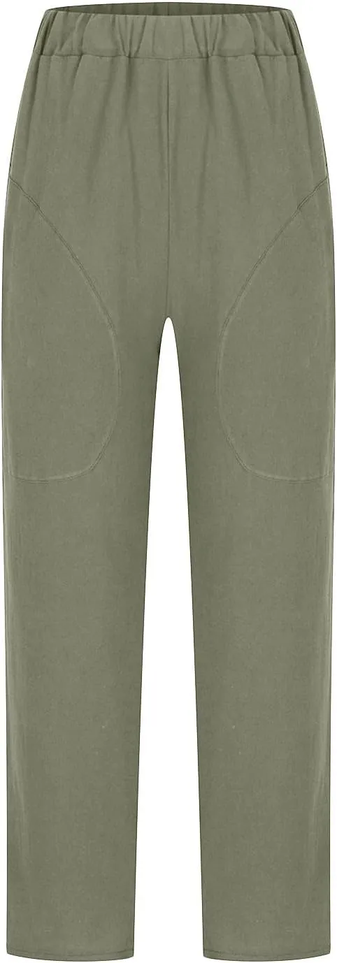 SMIDOW Womens Cotton Linen High Waist Pants Plus Size Casual Elastic Straight Leg Cropped Pant Trousers with Pockets