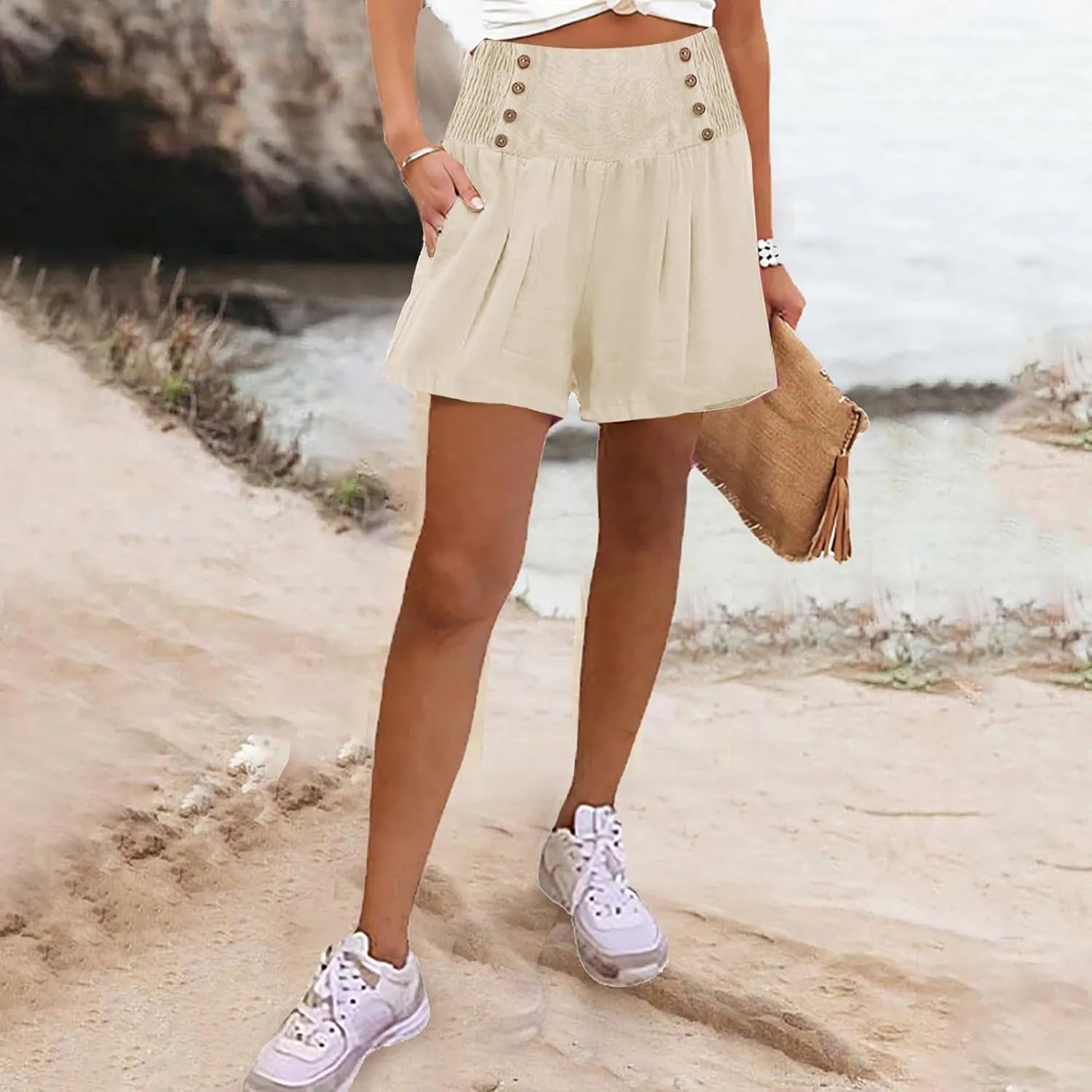 Women's Beach Shorts Smocked High Waisted Summer Shorts Wide Leg Flowy Casual Short Lounge Pants Preppy Clothes