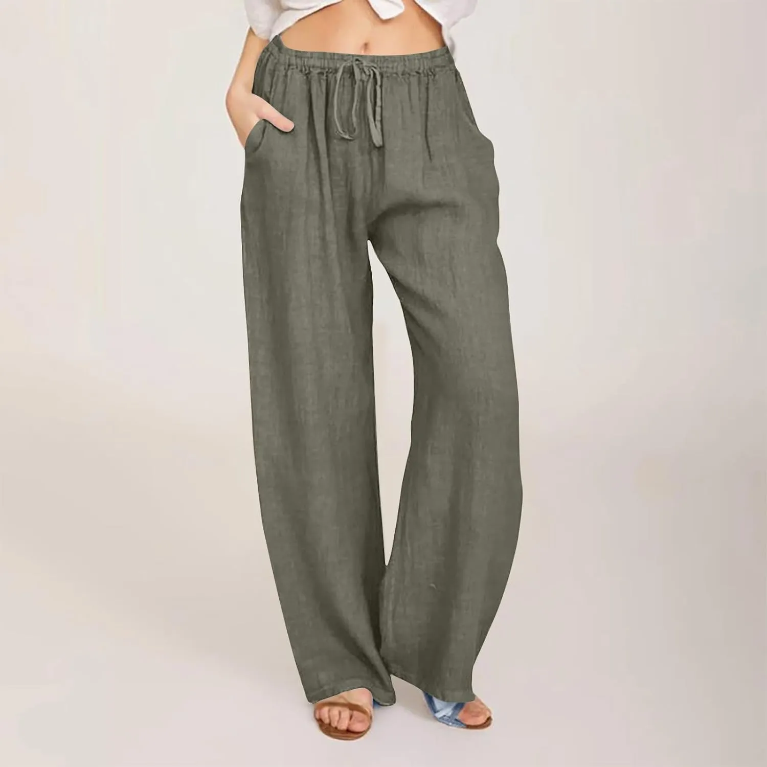 Women's Casual Cotton Linen Pants Solid Drawstring Waist Long Pants Loose Comfy Lightweight Trousers with Pockets