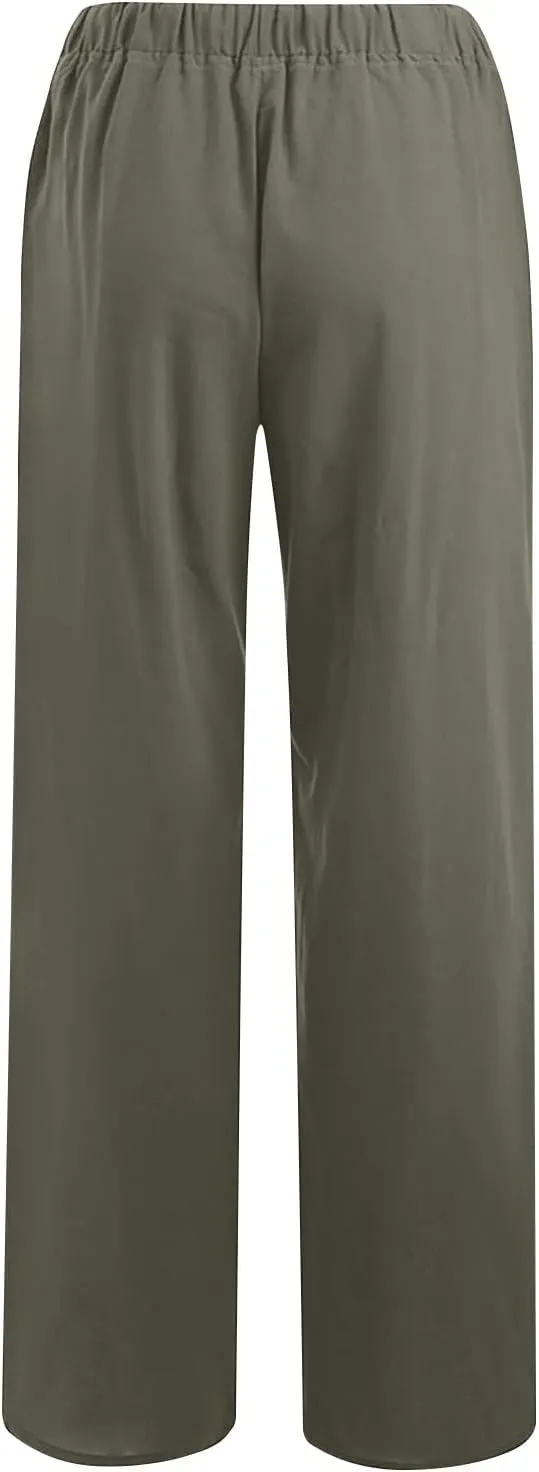 Women's Casual Cotton Linen Pants Solid Drawstring Waist Long Pants Loose Comfy Lightweight Trousers with Pockets