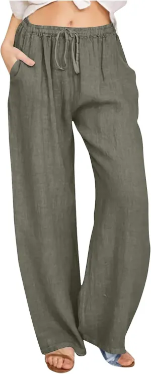 Women's Casual Cotton Linen Pants Solid Drawstring Waist Long Pants Loose Comfy Lightweight Trousers with Pockets