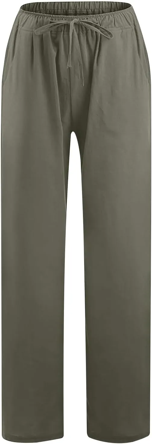 Women's Casual Cotton Linen Pants Solid Drawstring Waist Long Pants Loose Comfy Lightweight Trousers with Pockets