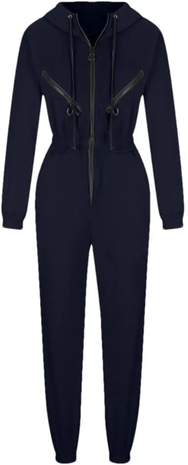 Women's Monochrome Long-Sleeved Jumpsuit Solid Color Zip-Up Sportswear Winter Casual Tracksuit Hoodies