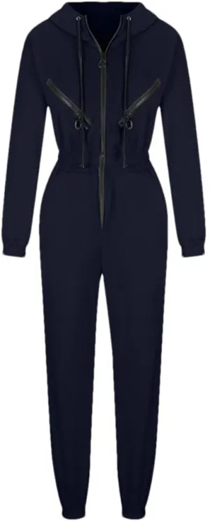 Women's Monochrome Long-Sleeved Jumpsuit Solid Color Zip-Up Sportswear Winter Casual Tracksuit Hoodies
