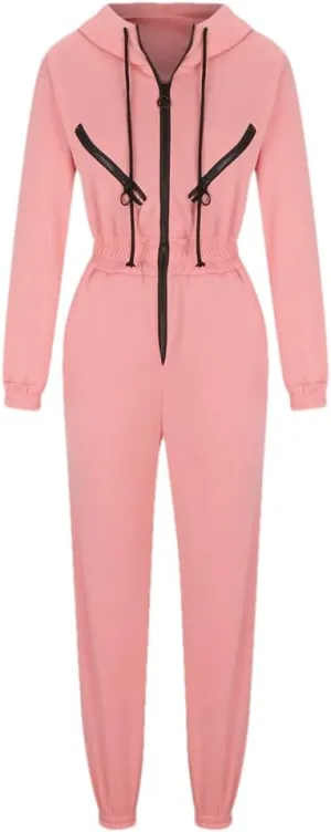 Women's Monochrome Long-Sleeved Jumpsuit Solid Color Zip-Up Sportswear Winter Casual Tracksuit Hoodies