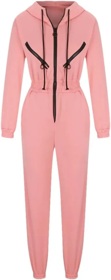 Women's Monochrome Long-Sleeved Jumpsuit Solid Color Zip-Up Sportswear Winter Casual Tracksuit Hoodies
