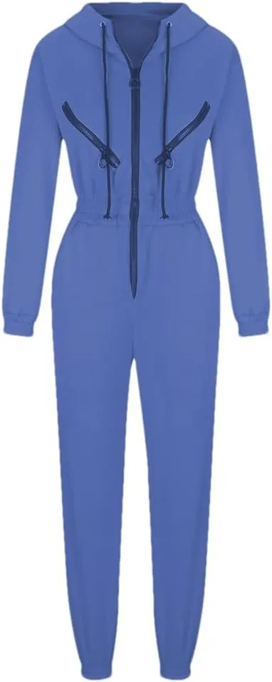 Women's Monochrome Long-Sleeved Jumpsuit Solid Color Zip-Up Sportswear Winter Casual Tracksuit Hoodies