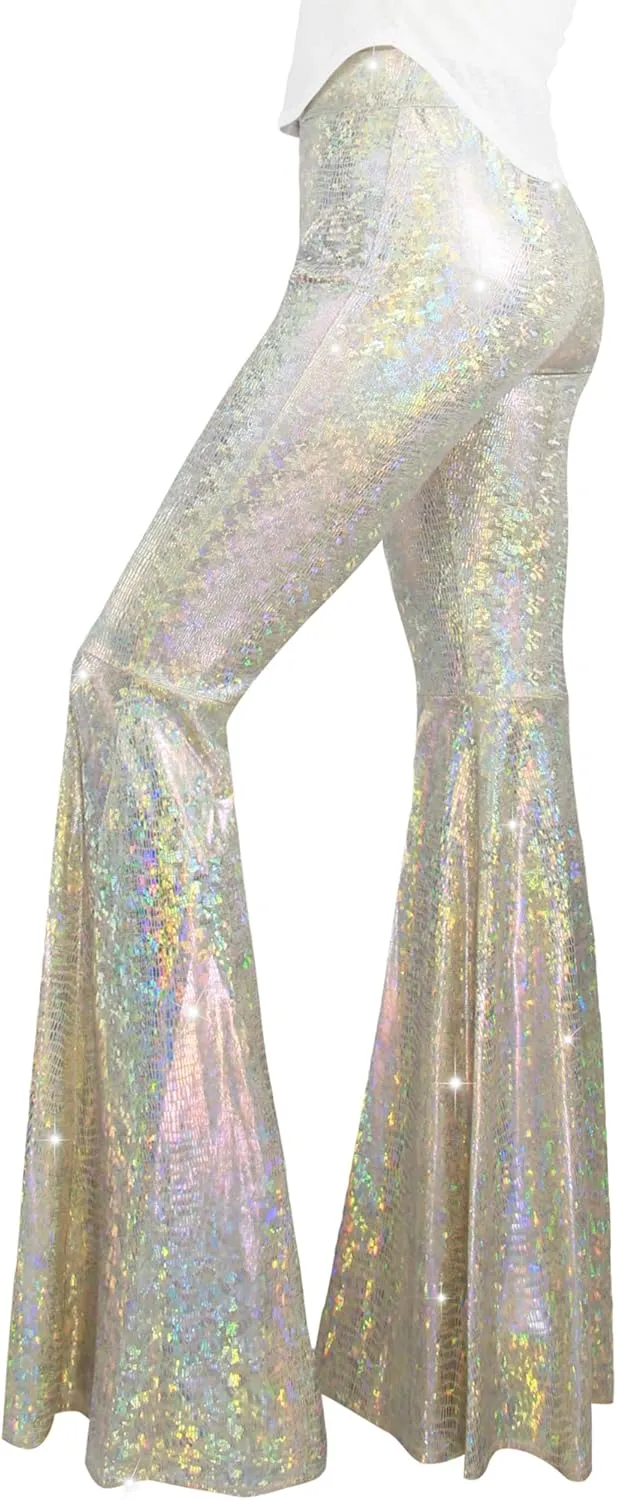 Womens Sequin Flare Pant Sparkly High Waisted Leg Bell Bottom Glitter Trousers Night Out Clubwear
