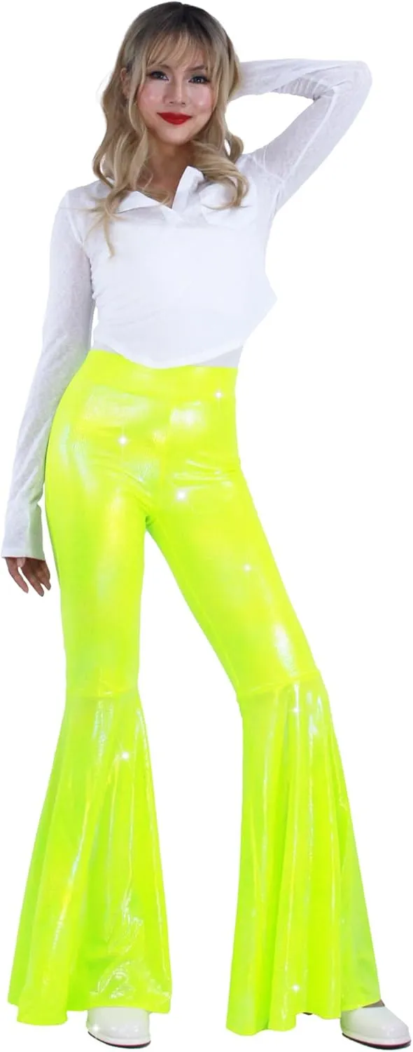 Womens Sequin Flare Pant Sparkly High Waisted Leg Bell Bottom Glitter Trousers Night Out Clubwear
