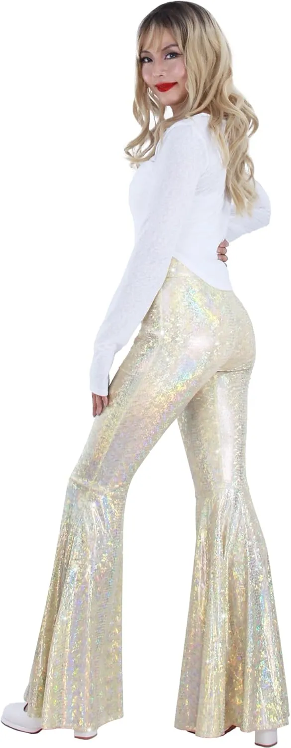 Womens Sequin Flare Pant Sparkly High Waisted Leg Bell Bottom Glitter Trousers Night Out Clubwear