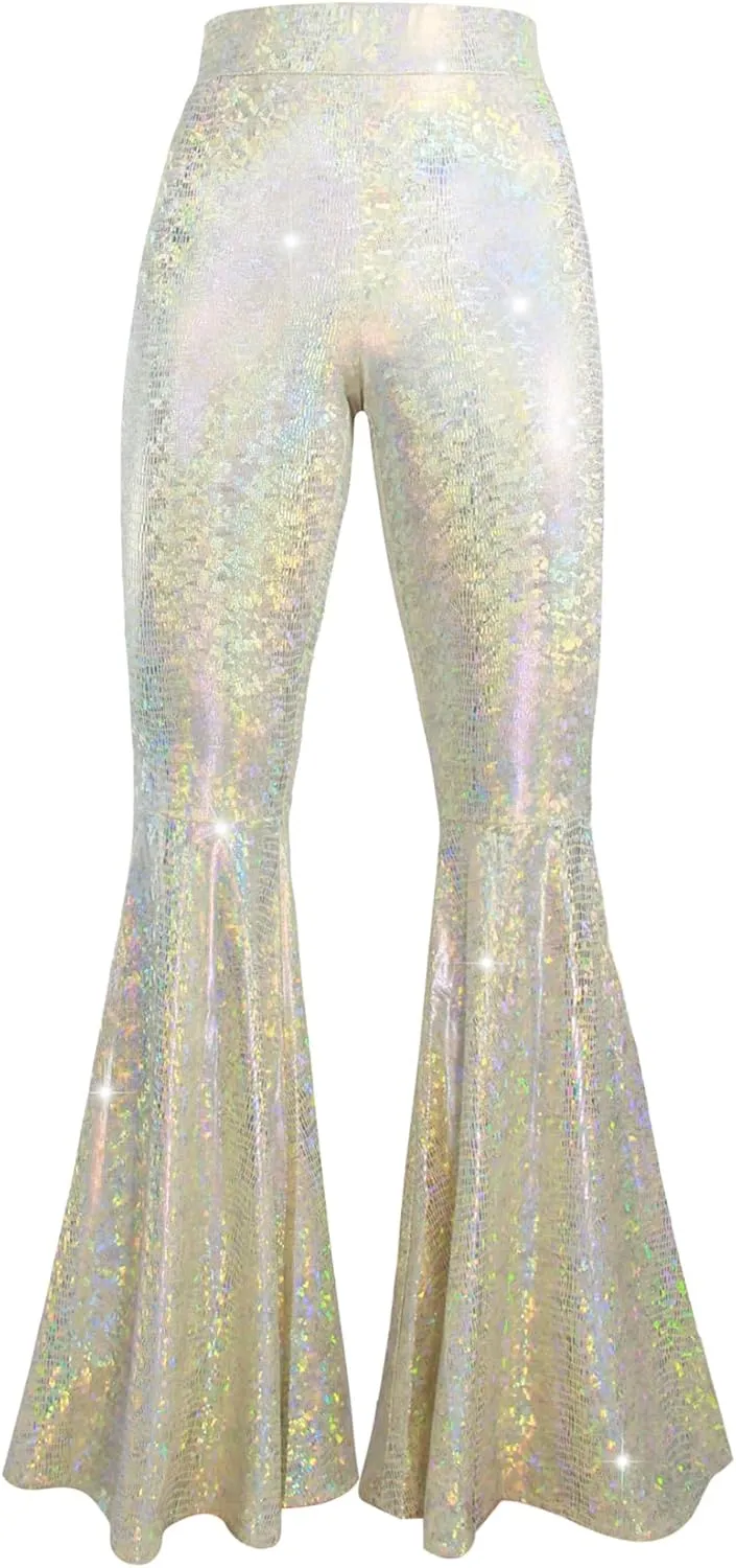 Womens Sequin Flare Pant Sparkly High Waisted Leg Bell Bottom Glitter Trousers Night Out Clubwear