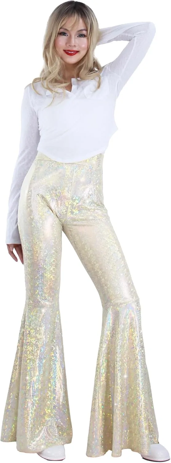 Womens Sequin Flare Pant Sparkly High Waisted Leg Bell Bottom Glitter Trousers Night Out Clubwear