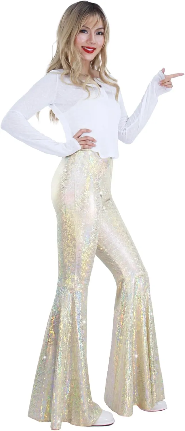 Womens Sequin Flare Pant Sparkly High Waisted Leg Bell Bottom Glitter Trousers Night Out Clubwear