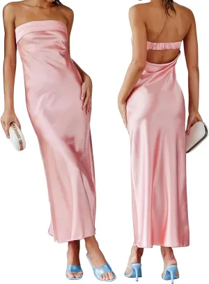 Women's Sexy Satin Tube Maxi Dress Elegant Silk Strapless Open Back Party Cocktail Wedding Guest Formal Long Dresses