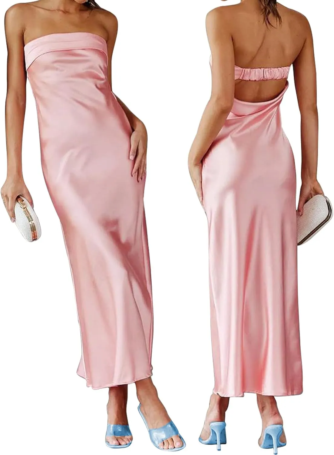 Women's Sexy Satin Tube Maxi Dress Elegant Silk Strapless Open Back Party Cocktail Wedding Guest Formal Long Dresses