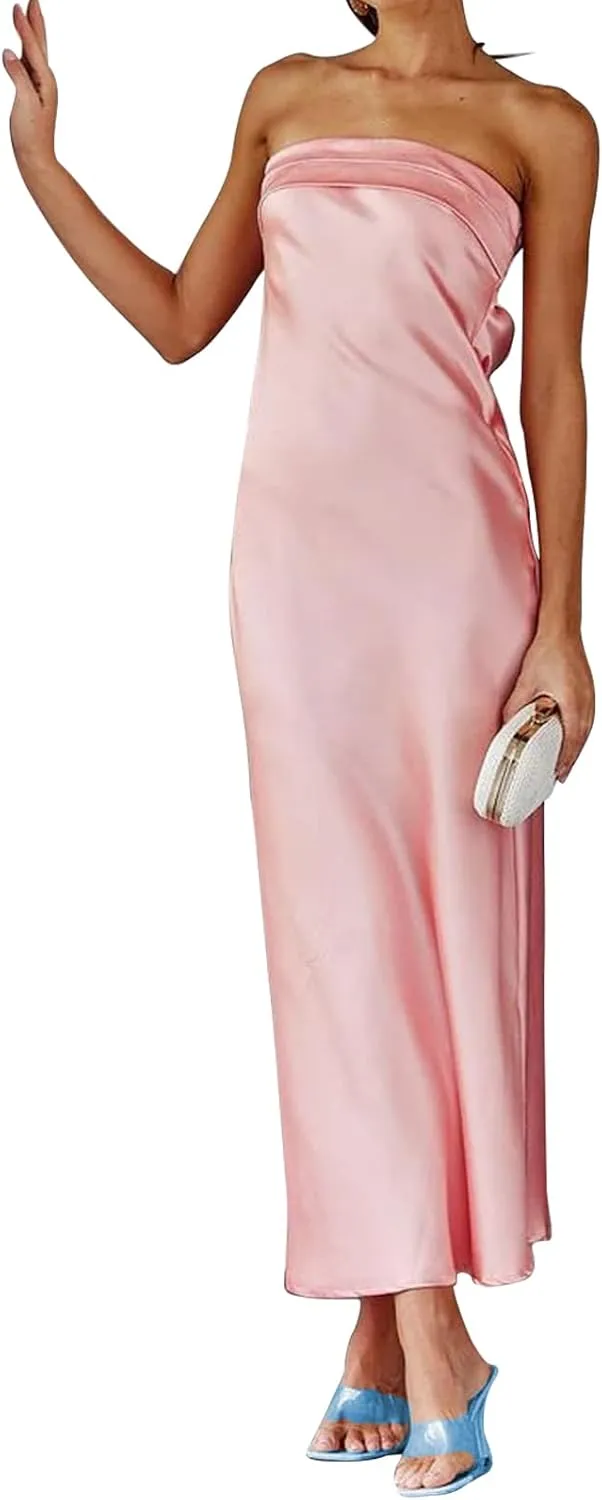 Women's Sexy Satin Tube Maxi Dress Elegant Silk Strapless Open Back Party Cocktail Wedding Guest Formal Long Dresses