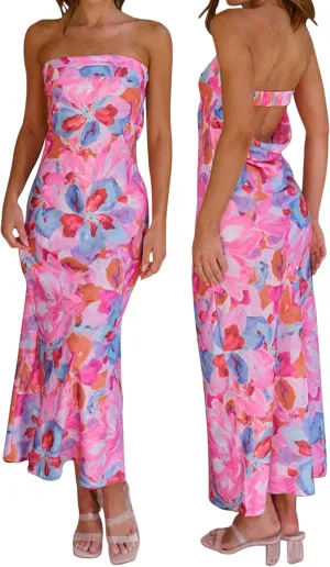Women's Sexy Satin Tube Maxi Dress Elegant Silk Strapless Open Back Party Cocktail Wedding Guest Formal Long Dresses