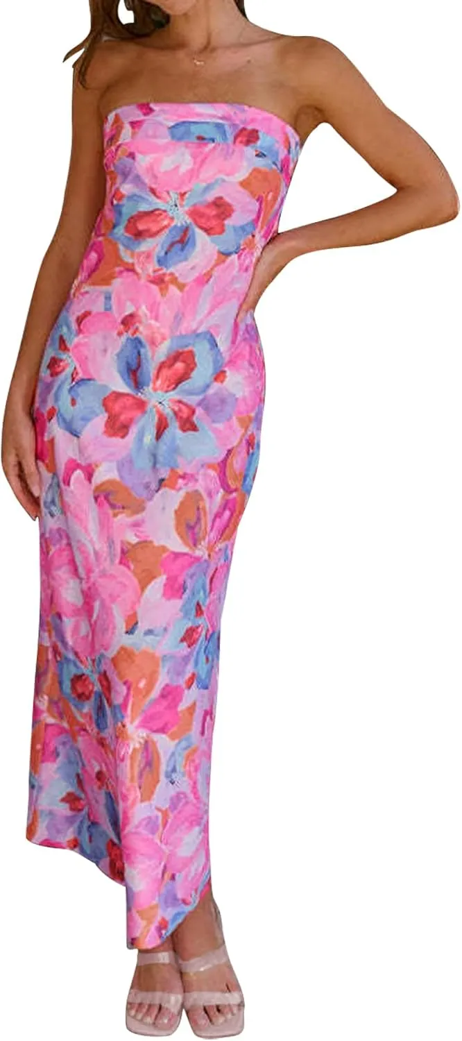 Women's Sexy Satin Tube Maxi Dress Elegant Silk Strapless Open Back Party Cocktail Wedding Guest Formal Long Dresses