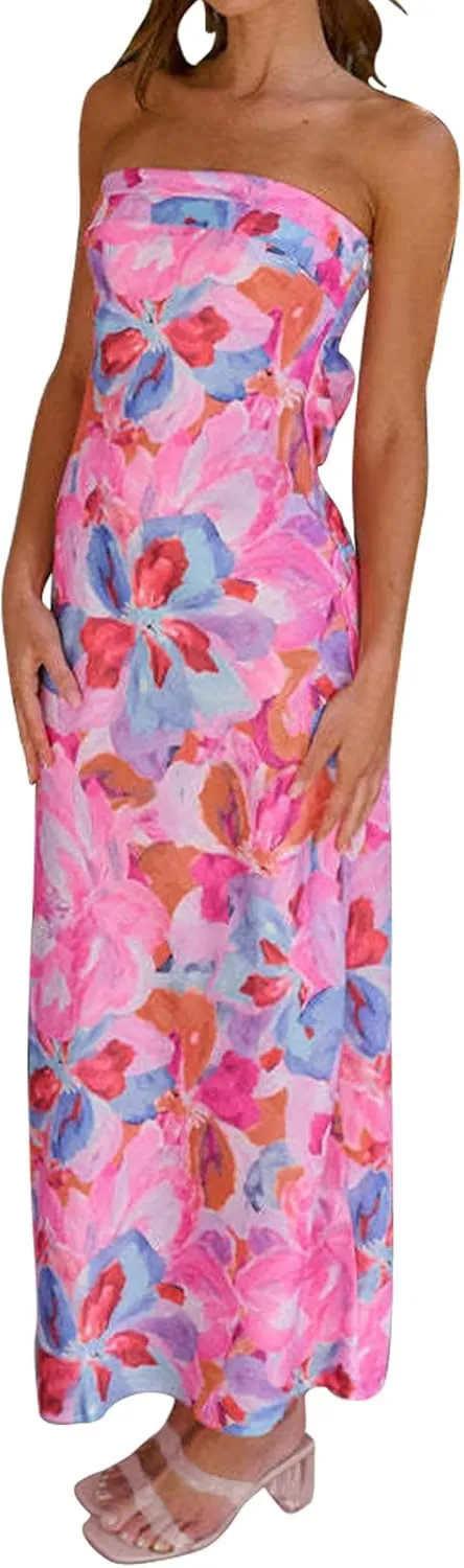 Women's Sexy Satin Tube Maxi Dress Elegant Silk Strapless Open Back Party Cocktail Wedding Guest Formal Long Dresses