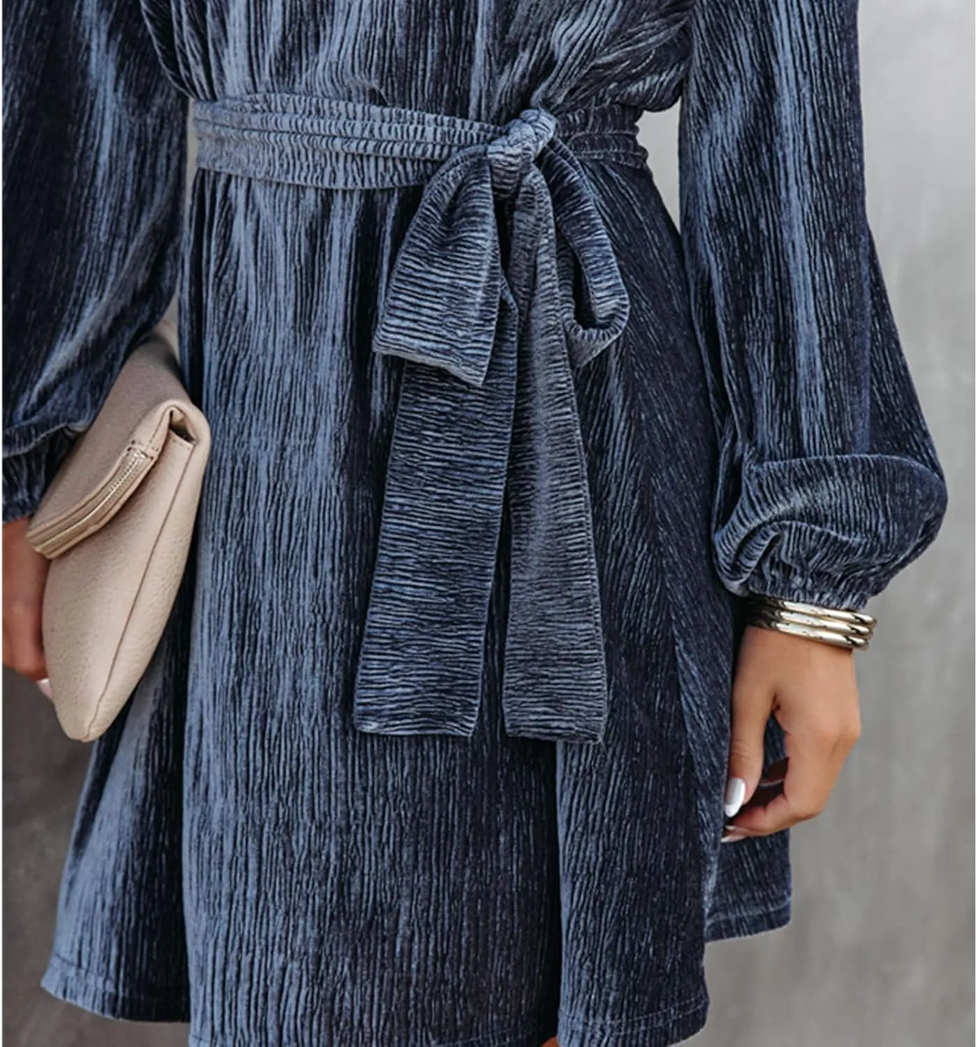 Women's Velvet Dress Long Sleeve Casual Velvet Cocktail Party Dresses Mini Tie Dress for Wedding Guest