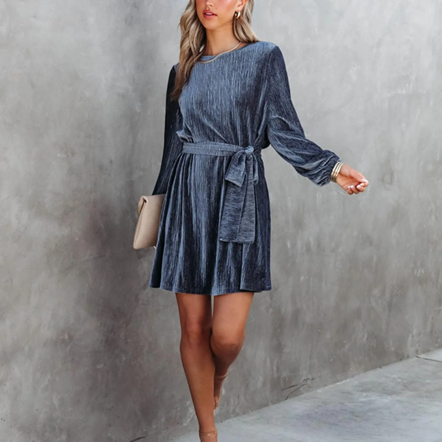 Women's Velvet Dress Long Sleeve Casual Velvet Cocktail Party Dresses Mini Tie Dress for Wedding Guest