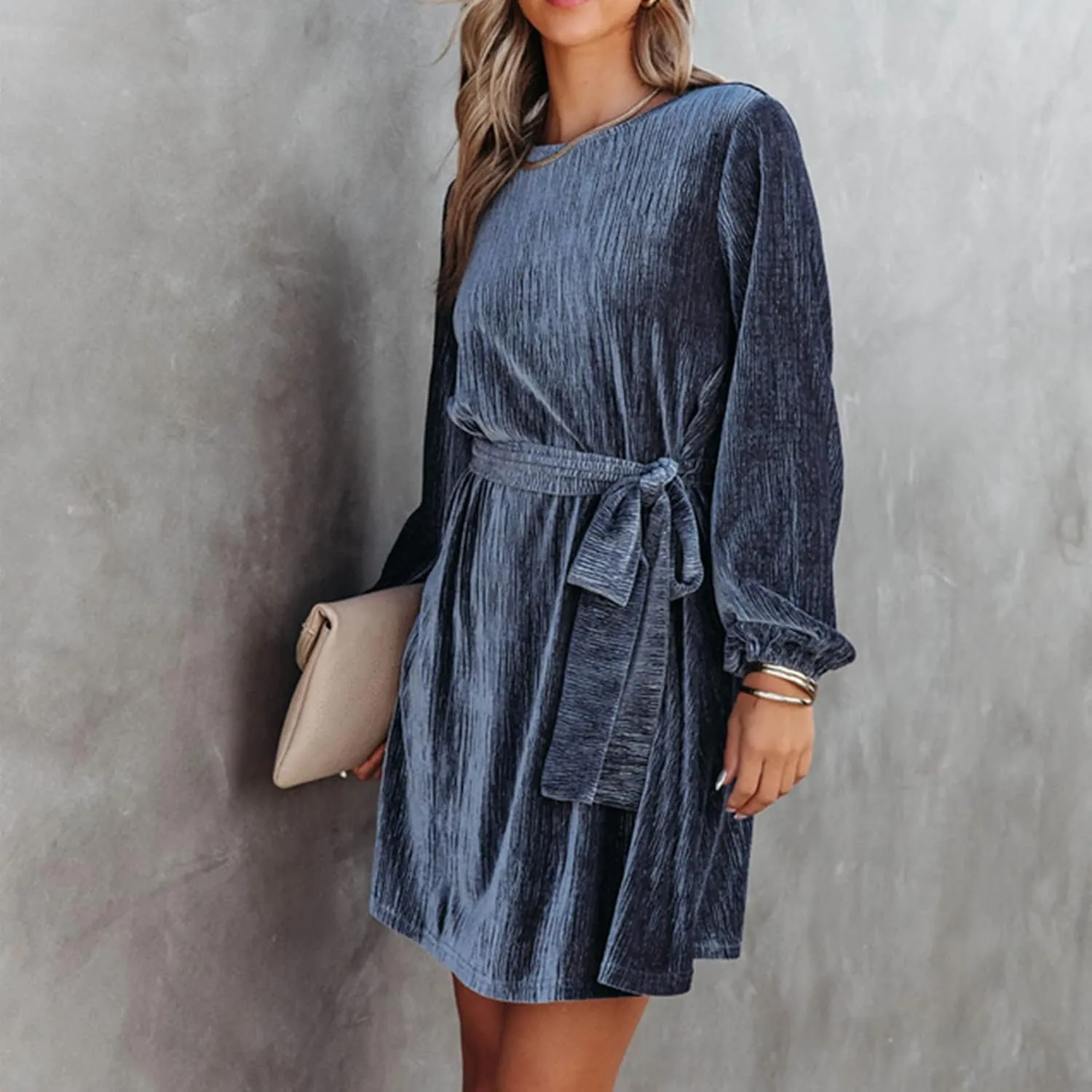 Women's Velvet Dress Long Sleeve Casual Velvet Cocktail Party Dresses Mini Tie Dress for Wedding Guest