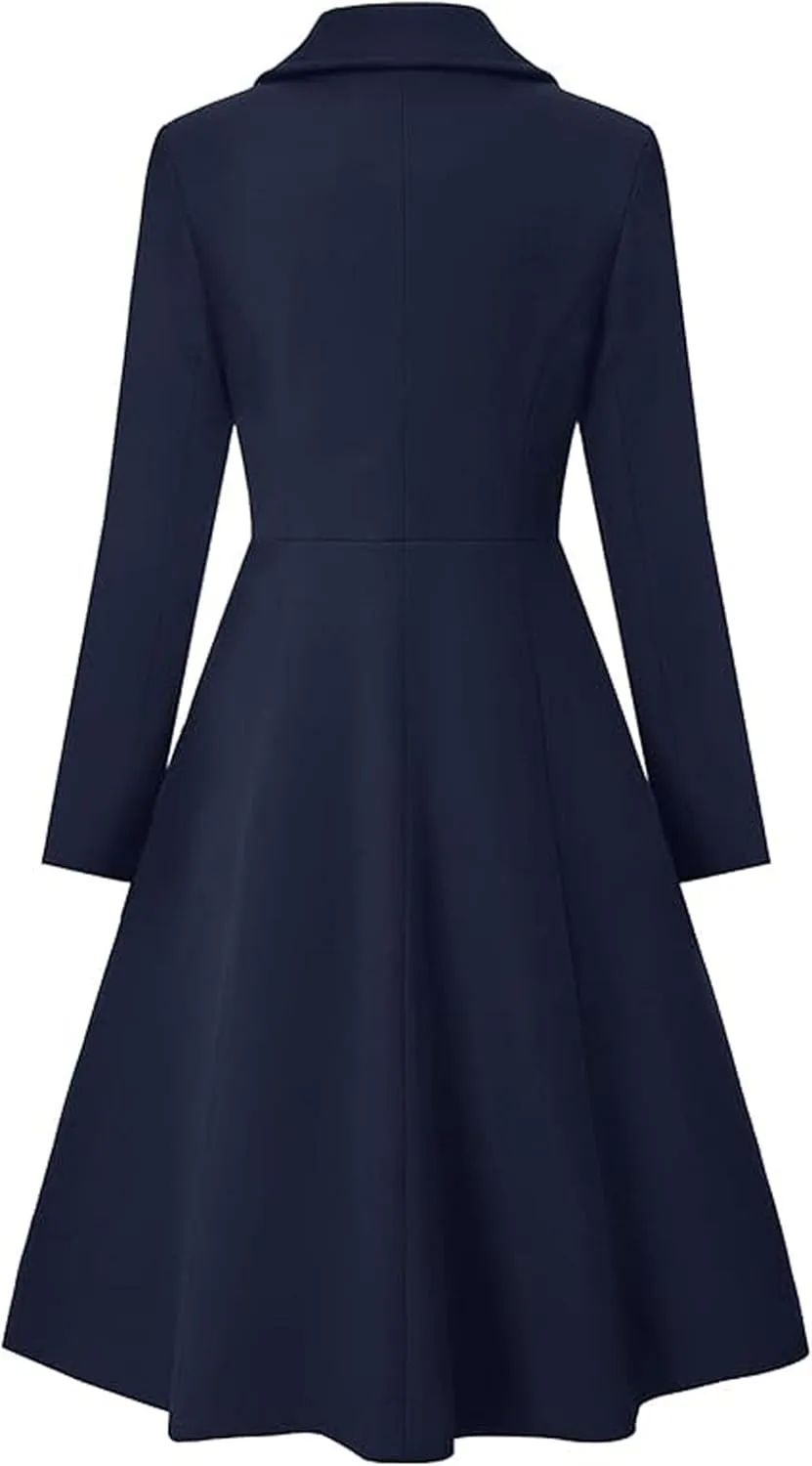 xxxiticat Women's Long Wool Trench Coat Winter Warm Notch Lapel Double Breasted Button A Line Pleated Dress Coat Peacoat