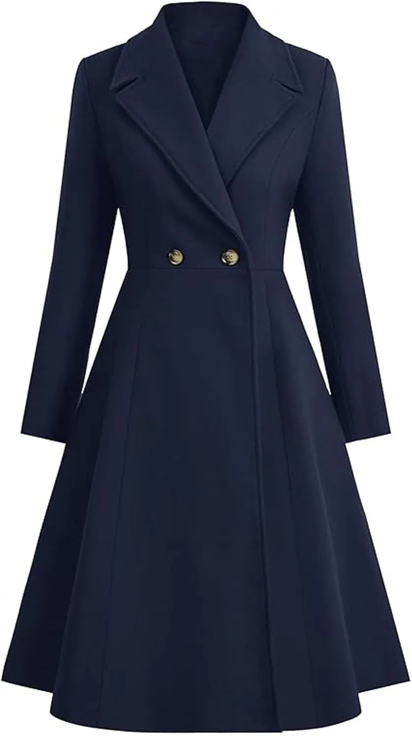 xxxiticat Women's Long Wool Trench Coat Winter Warm Notch Lapel Double Breasted Button A Line Pleated Dress Coat Peacoat