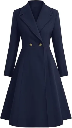 xxxiticat Women's Long Wool Trench Coat Winter Warm Notch Lapel Double Breasted Button A Line Pleated Dress Coat Peacoat