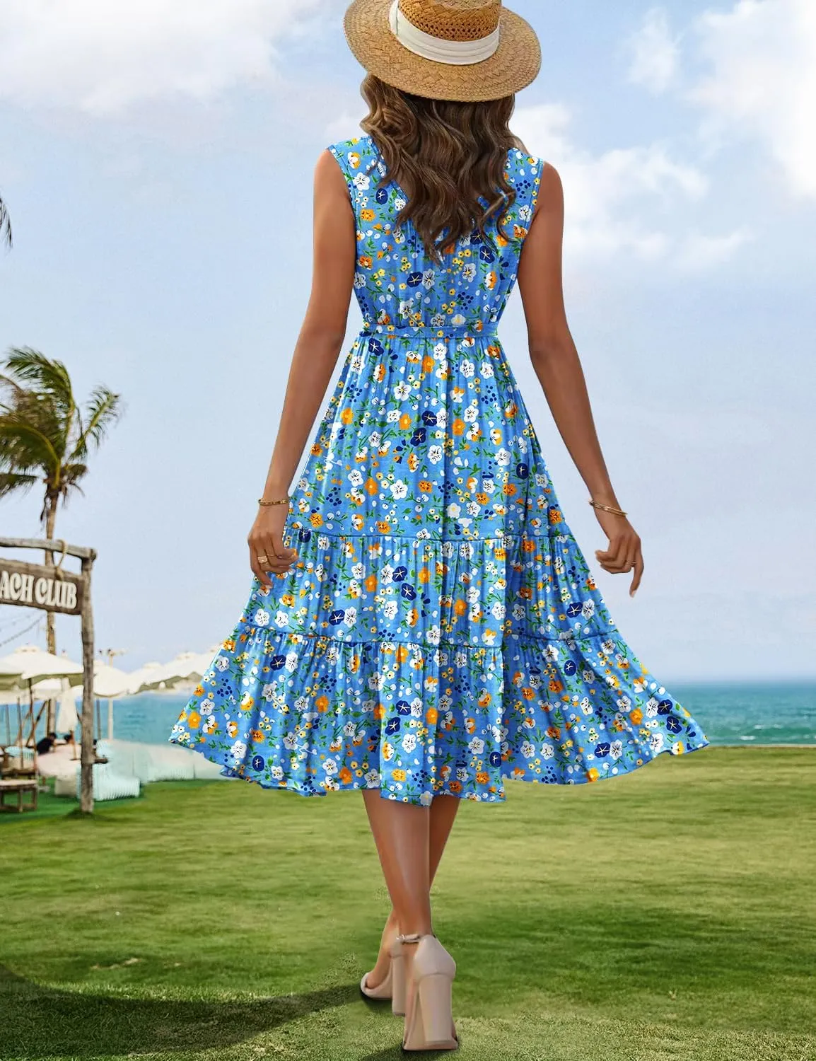 YESNO Women's Summer Casual Sleeveless Midi Dresses Boho Floral Tiered Sundresses with Pockets EMV