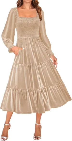 ZESICA Womens Velvet Long Sleeve Dresses 2025 Spring Square Neck Smocked Ruffle A Line Flowy Midi Dress with Pockets