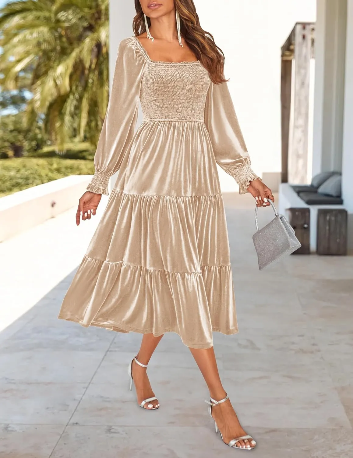 ZESICA Womens Velvet Long Sleeve Dresses 2025 Spring Square Neck Smocked Ruffle A Line Flowy Midi Dress with Pockets